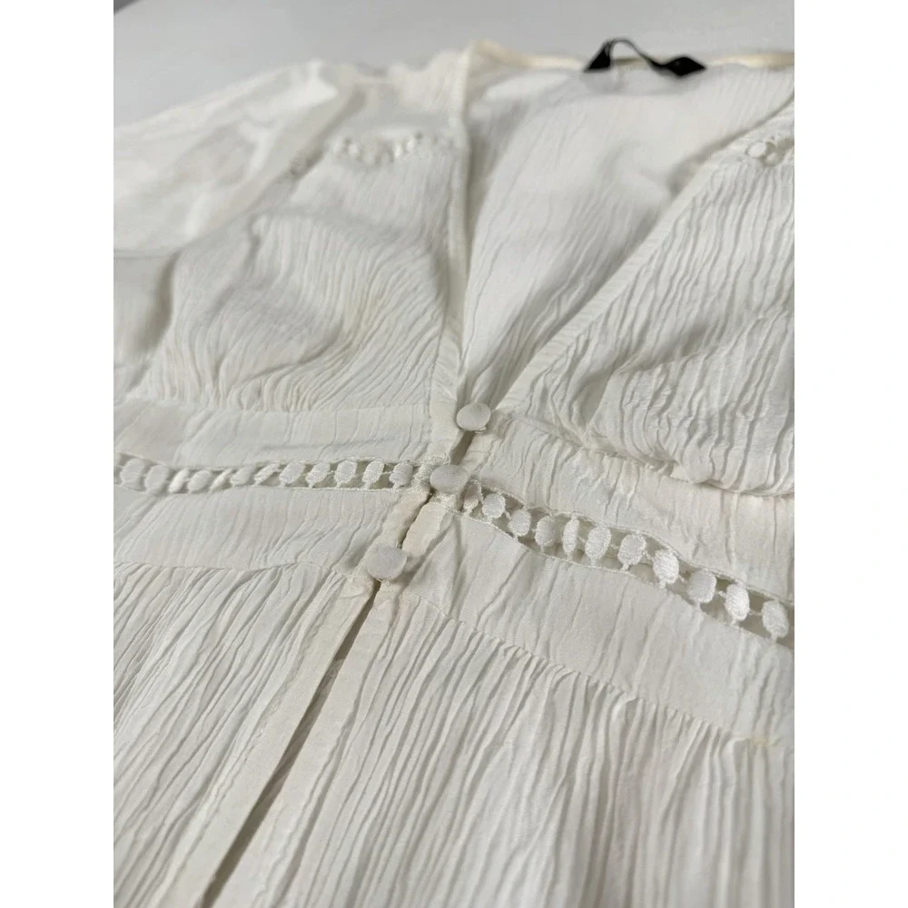 Zara blouse Crinkle Button Flare deep V-neck & delicate lace Women's Size Small